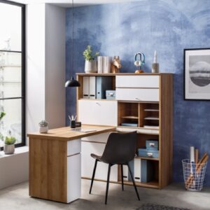 Macon Wooden Computer Desk Corner With Bookcase In Oak And White