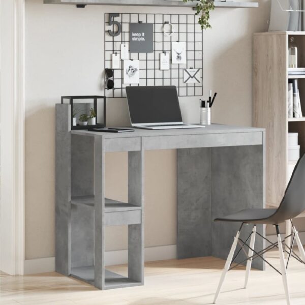 Krum Wooden Laptop Desk With 2 Shelves In Concrete Grey