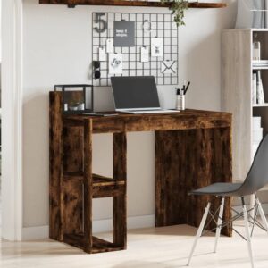 Krum Wooden Laptop Desk With 2 Shelves In Smoked Oak