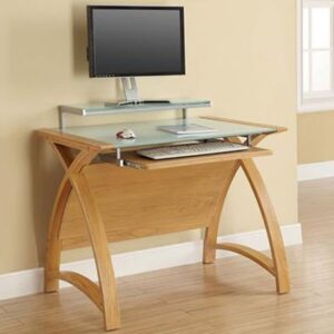 Cohen Curve Computer Desk Small In Milk White Glass Top And Oak